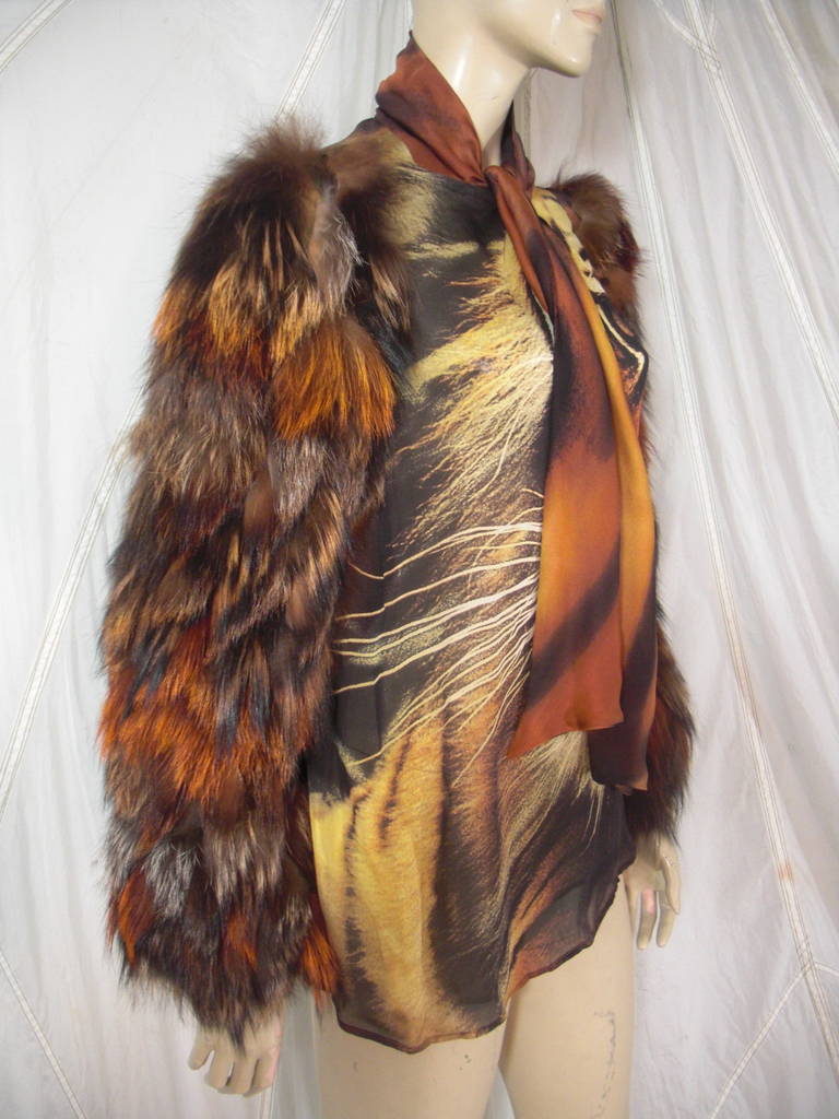 Roberto Cavalli Tiger Print Silk Blouse with Fur Sleeves 4