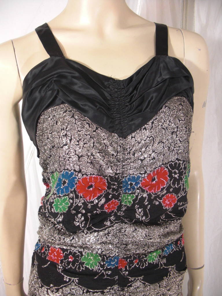 1930s Hazelle Silver Lame and Floral Print Embroidered Evening Gown 1