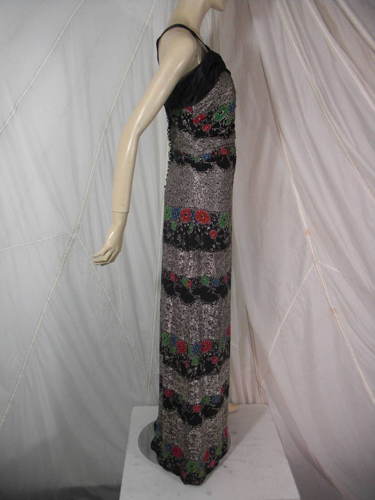 Black 1930s Hazelle Silver Lame and Floral Print Embroidered Evening Gown