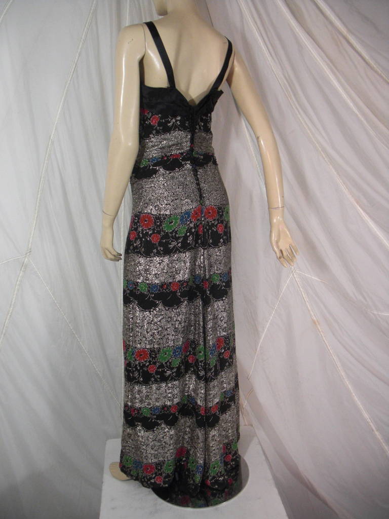 1930s Hazelle Silver Lame and Floral Print Embroidered Evening Gown In Excellent Condition In Gresham, OR