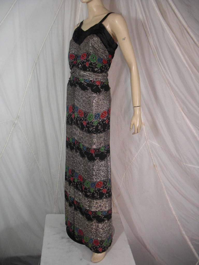 1930s Hazelle Silver Lame and Floral Print Embroidered Evening Gown
Slight train...Fully Linded in Silk