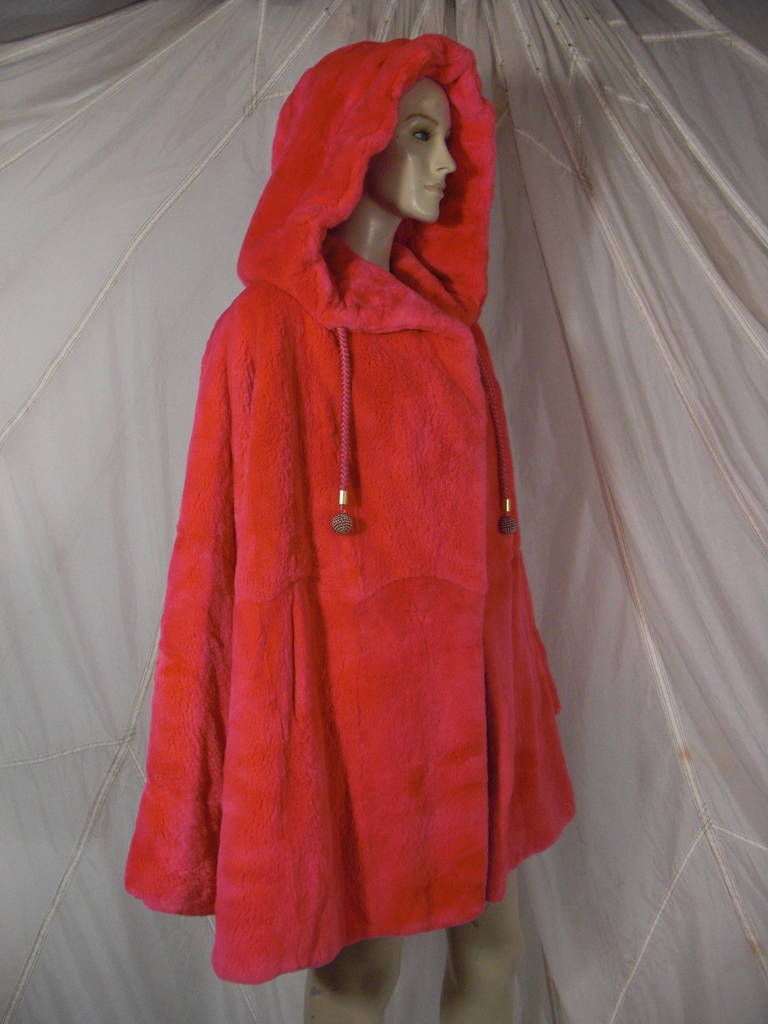 1980s Genny Sheared Beaver Florescent Pink Hooded Swing Coat