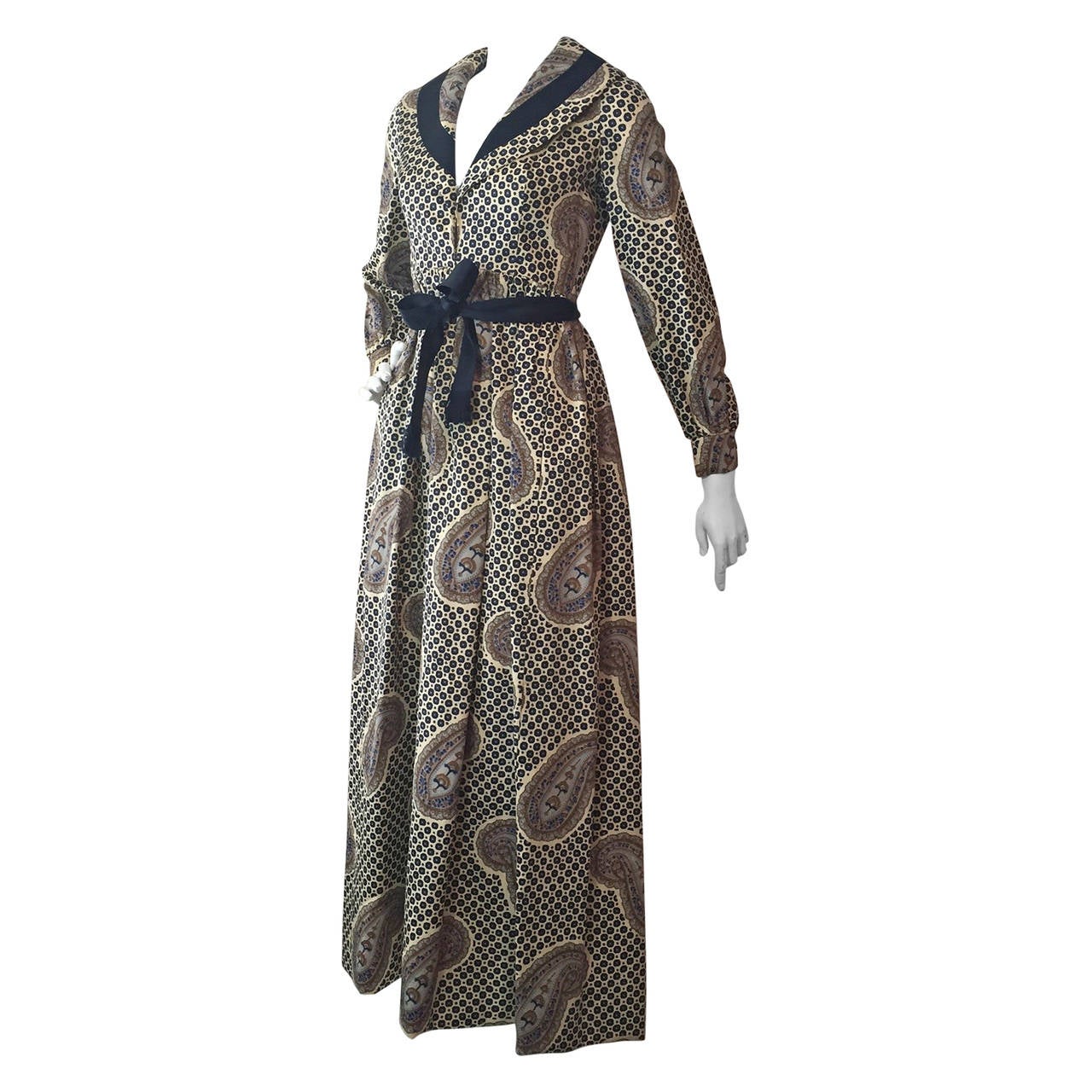 1960s Geoffrey Beene Shawl-Collared Cotton Sateen Paisley Print Maxi Dress