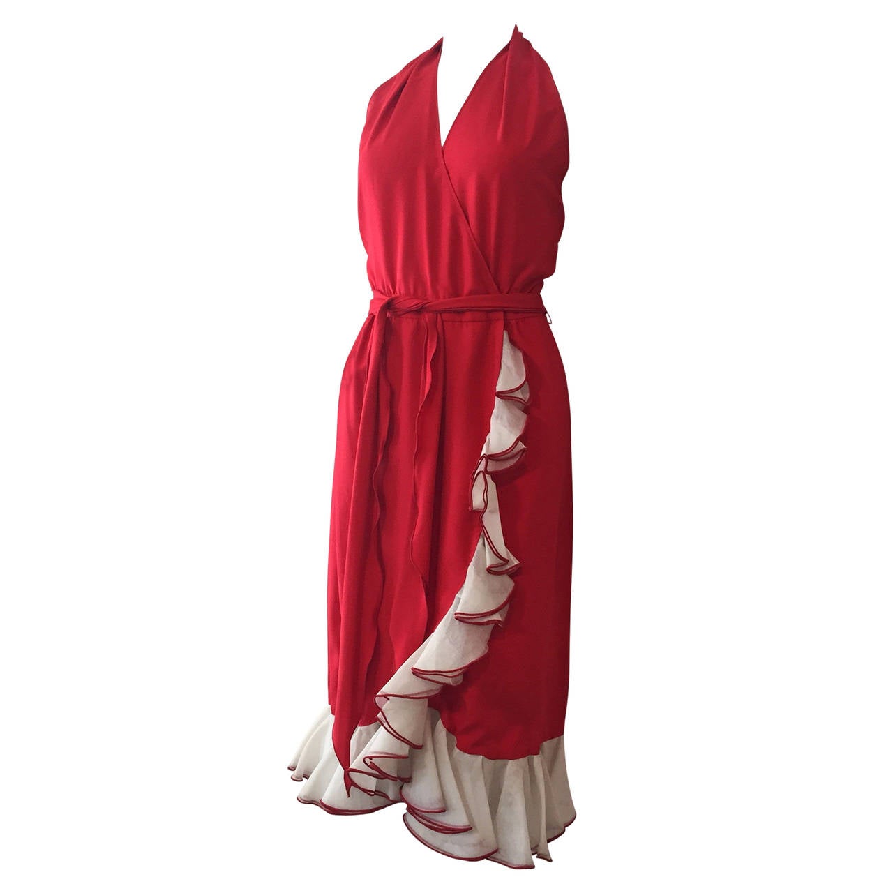 1970s Vivid Sexy Red Silk Halter Disco Dress w/ Ruffled Wrap Front