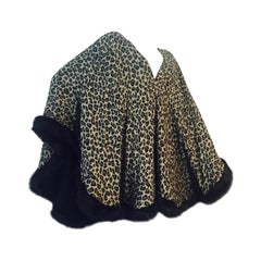 Vintage 1980s I. Magnin Leopard Print Wool Challis Wrap with Faux Fur Trim