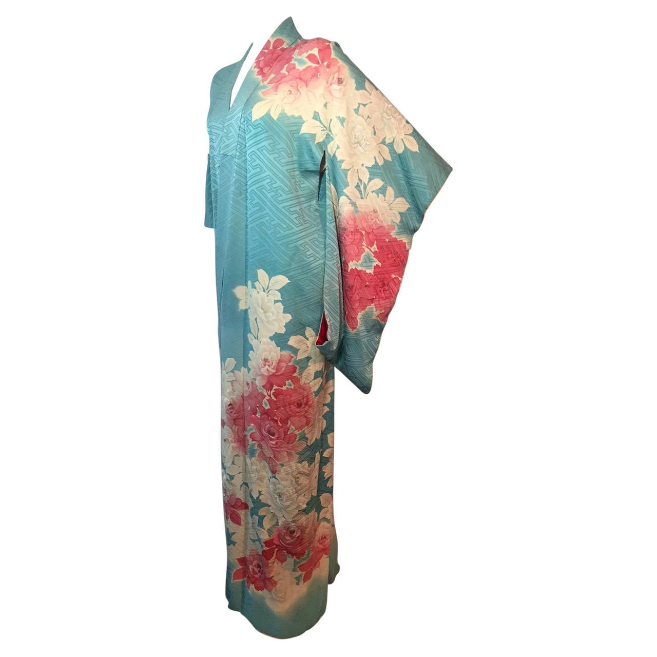 1930s Sky Blue Silk Jacquard Kimono with Pink and White Floral Print