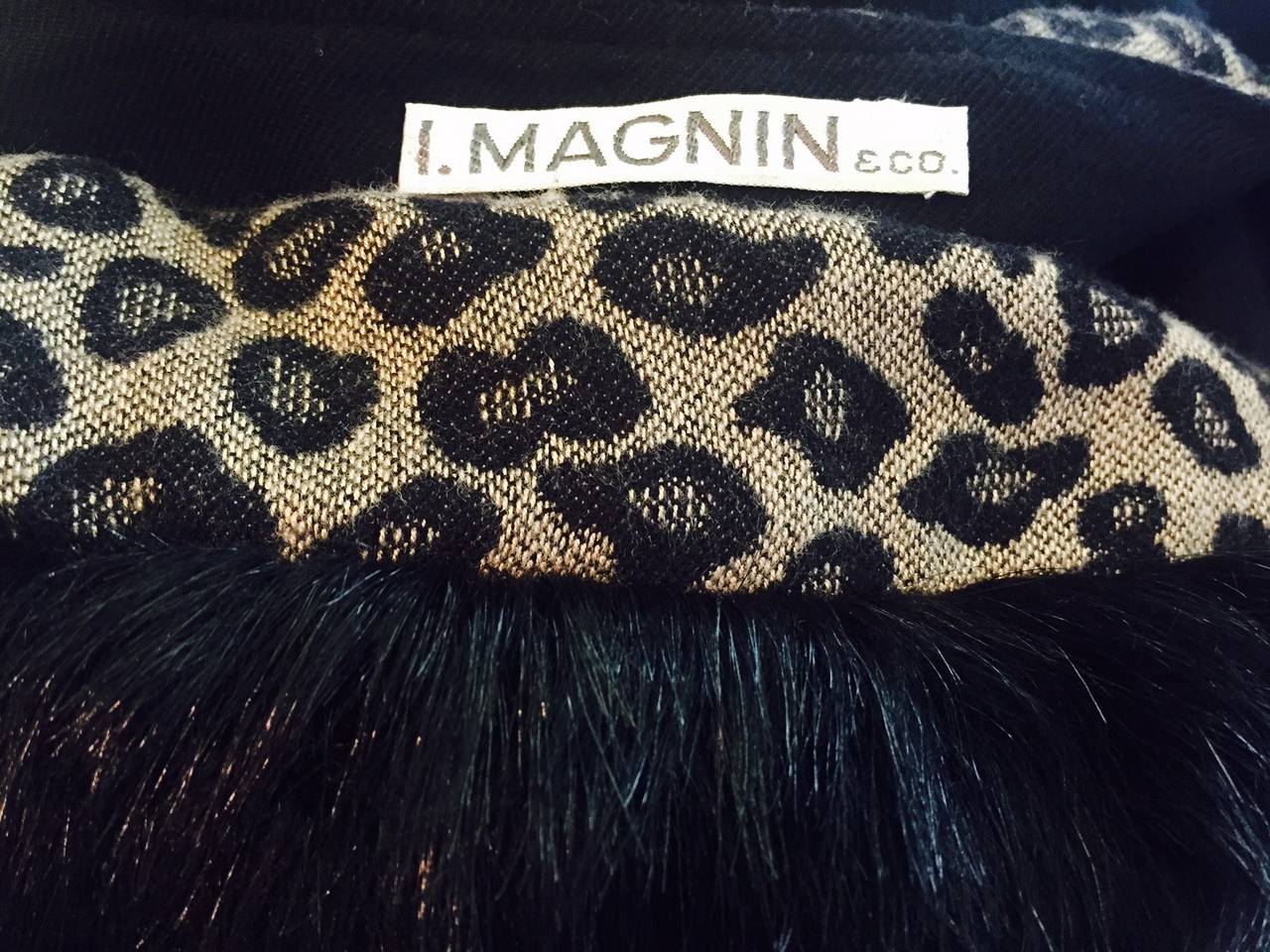 1980s I. Magnin Leopard Print Wool Challis Wrap with Faux Fur Trim 1