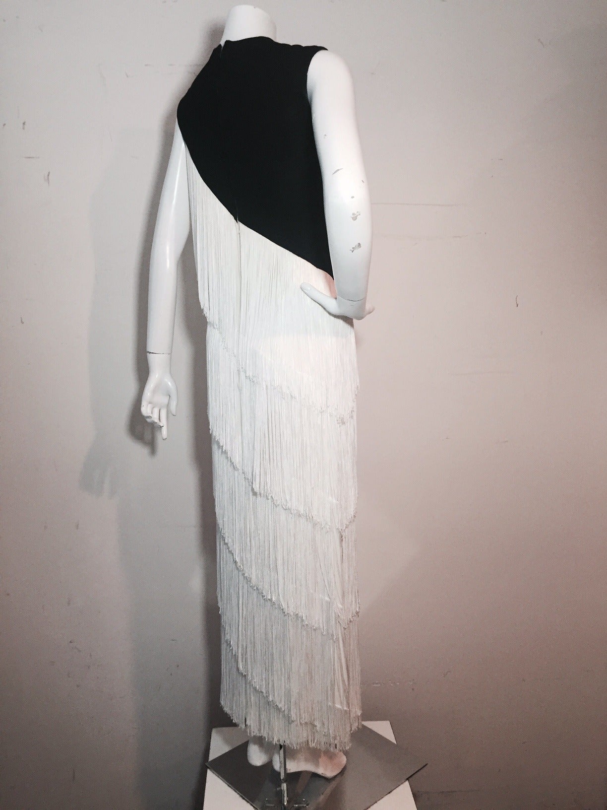 1960s Elizabeth Arden Black Jersey and White Rayon Fringed Gown 1