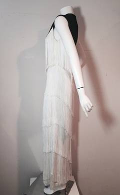 1960s Elizabeth Arden Black Jersey and White Rayon Fringed Gown