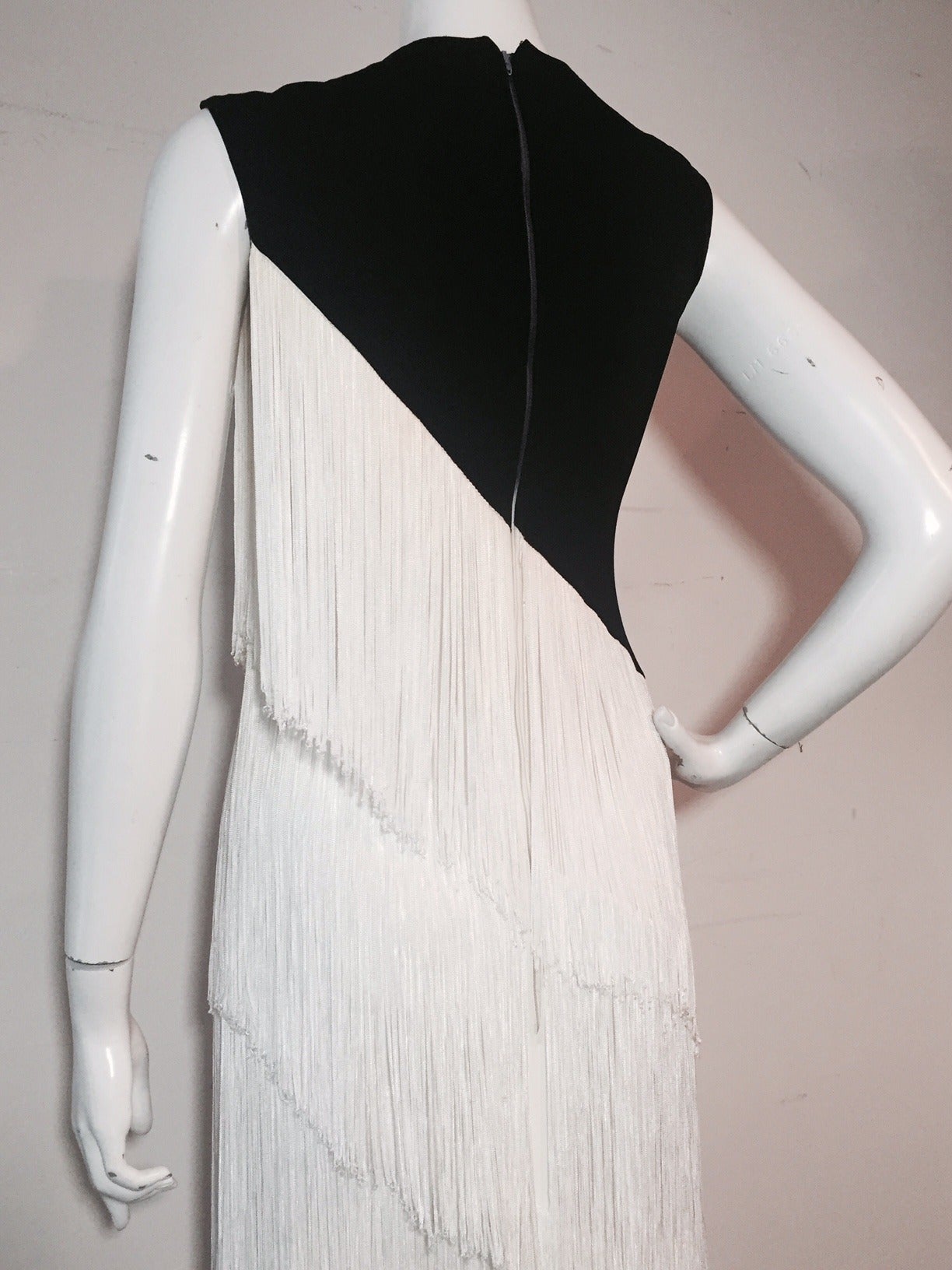 1960s Elizabeth Arden Black Jersey and White Rayon Fringed Gown In Excellent Condition In Gresham, OR