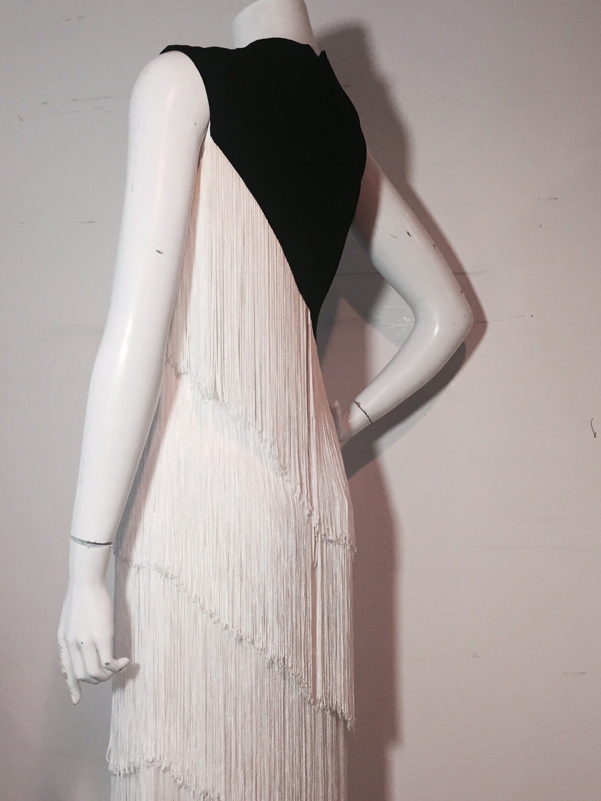 Women's 1960s Elizabeth Arden Black Jersey and White Rayon Fringed Gown