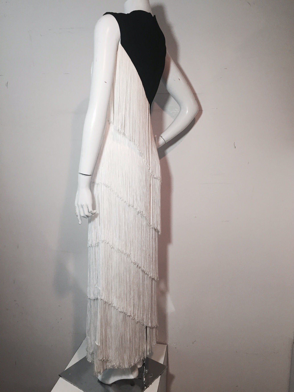 1960s Elizabeth Arden Black Jersey and White Rayon Fringed Gown 2