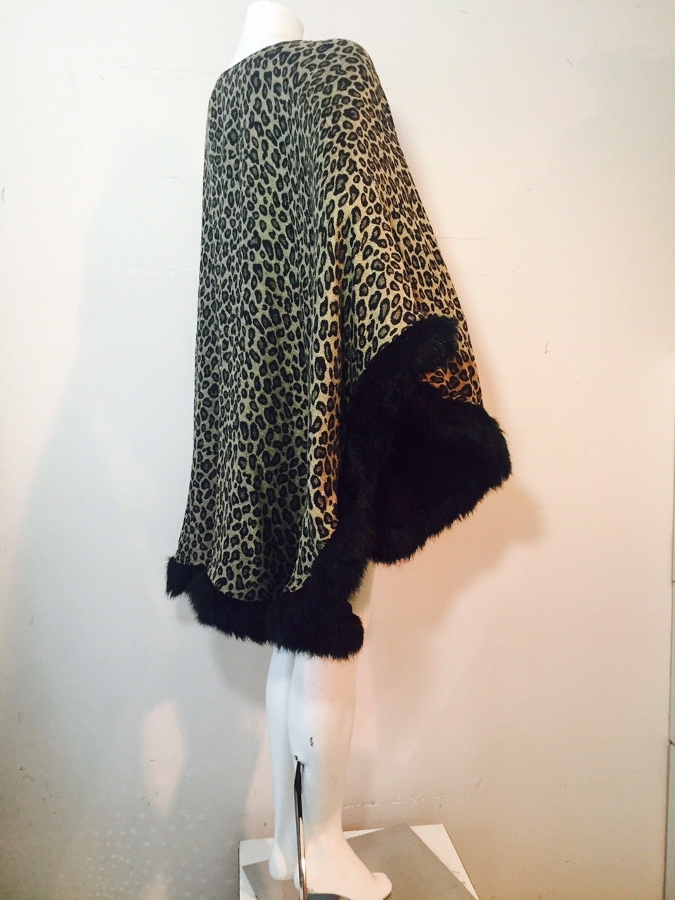 Women's 1980s I. Magnin Leopard Print Wool Challis Wrap with Faux Fur Trim