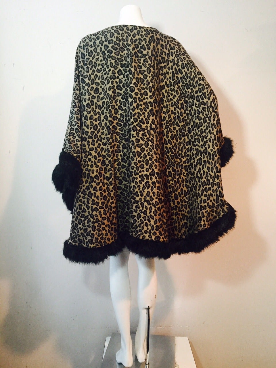 Black 1980s I. Magnin Leopard Print Wool Challis Wrap with Faux Fur Trim