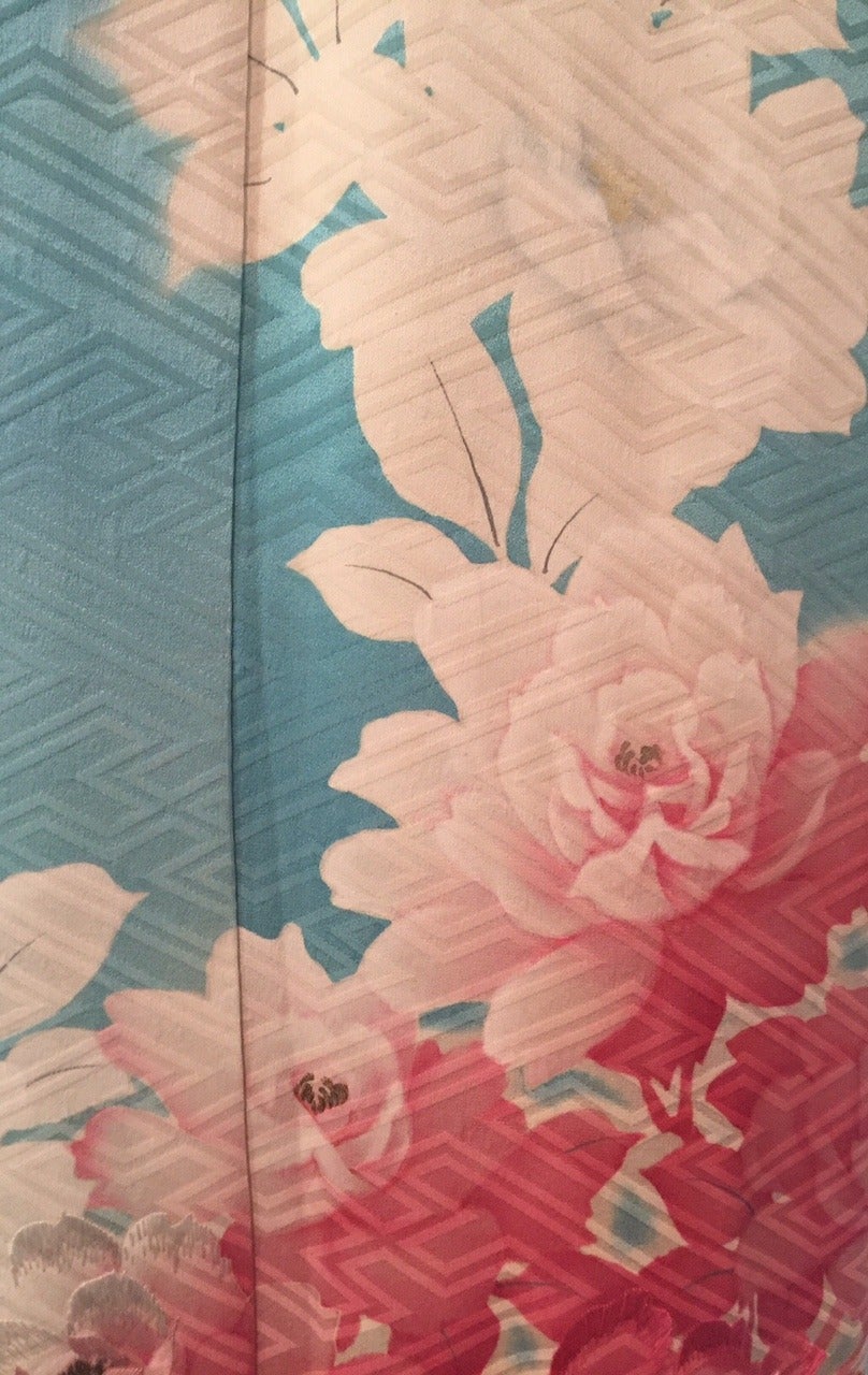 1930s Sky Blue Silk Jacquard Kimono with Pink and White Floral Print 2