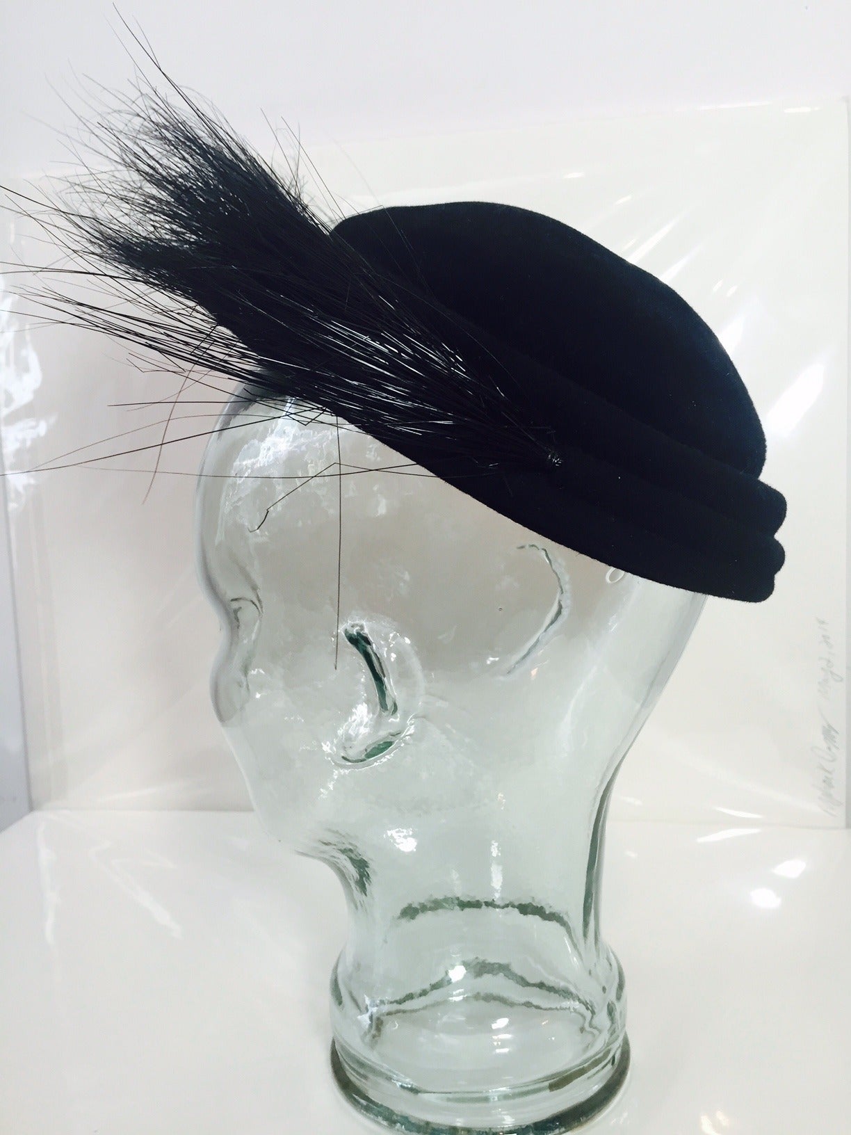 1950s Black Felt and Egret Feather Cocktail Hat 2