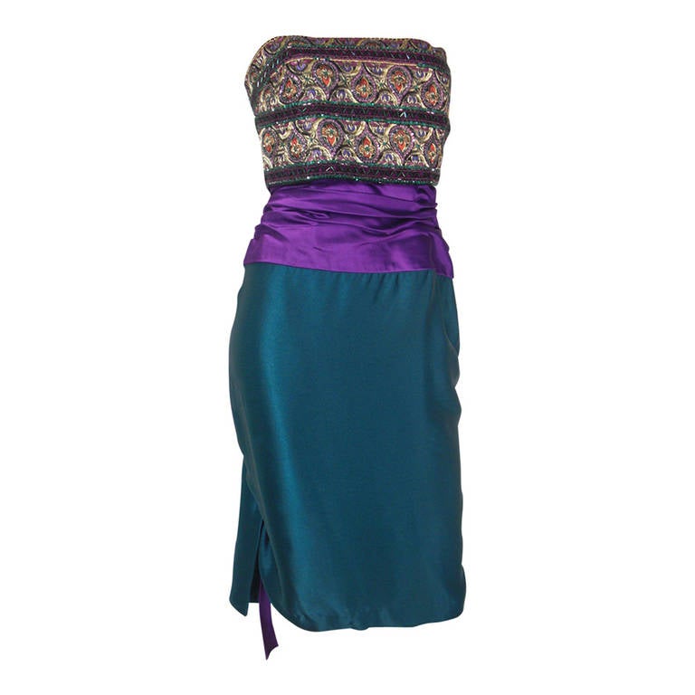 1980s Paul-Louis Orrier Teal and Purple Cocktail Dress with Embellished Bodice
