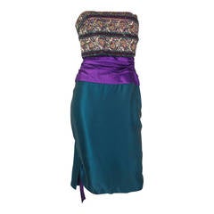 1980s Paul-Louis Orrier Teal and Purple Cocktail Dress with Embellished Bodice 2