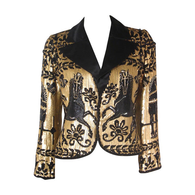 1980s Valentino Black and Gold Sequin Jacket