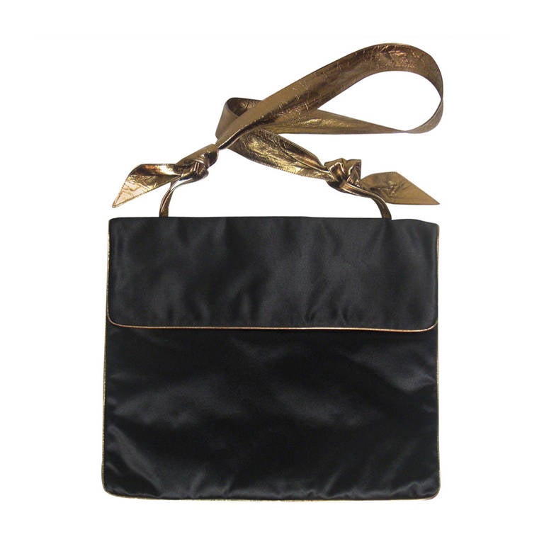 Maud Frizon of Paris Black Satin Evening Bag with Bronze Leather Strap