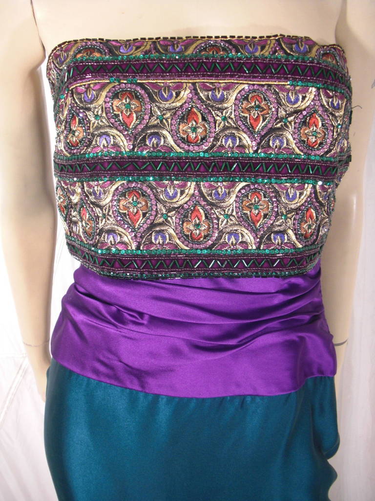 1980s Paul-Louis Orrier Teal and Purple Cocktail Dress with Embellished Bodice 2