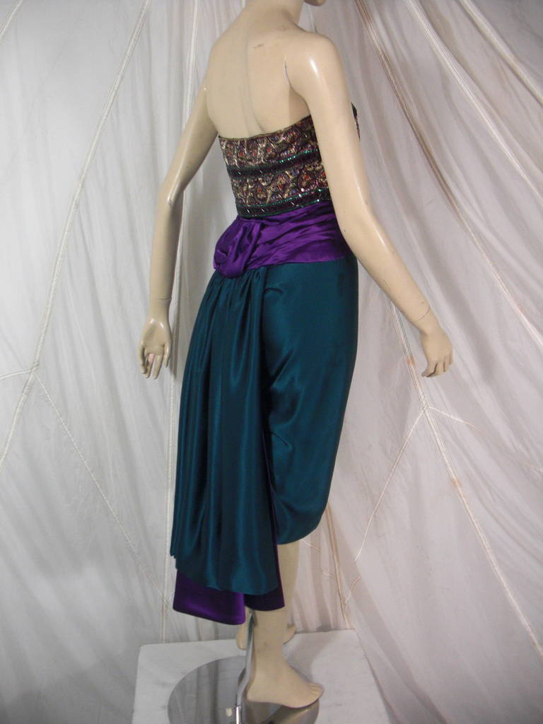 Women's 1980s Paul-Louis Orrier Teal and Purple Cocktail Dress with Embellished Bodice