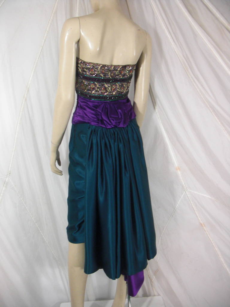 1980s Paul-Louis Orrier Teal and Purple Cocktail Dress with Embellished Bodice In Excellent Condition In Gresham, OR