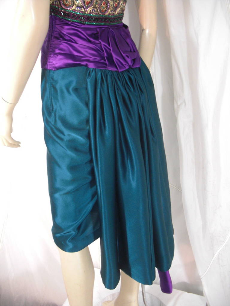 1980s Paul-Louis Orrier Teal and Purple Cocktail Dress with Embellished Bodice 1