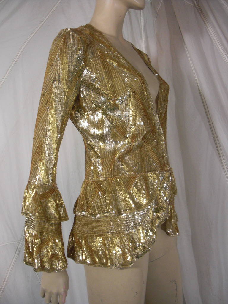 Angelo Tarlazzi Dazzling Gold Sequin Jacket in Chevron pattern with Double Cuff and Peplum Ruffle