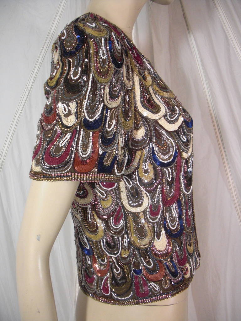 Escada Peacock Rhinestone, Sequin and Beaded Silk Jacket In New Condition In Gresham, OR