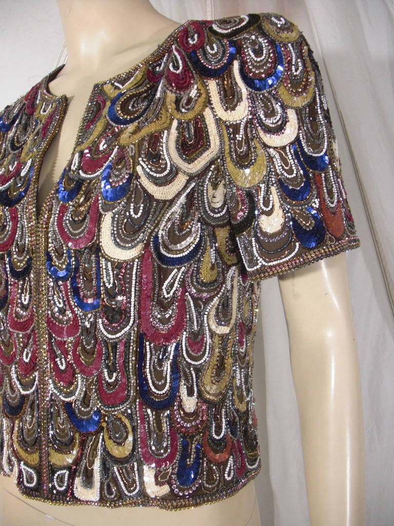 Women's Escada Peacock Rhinestone, Sequin and Beaded Silk Jacket
