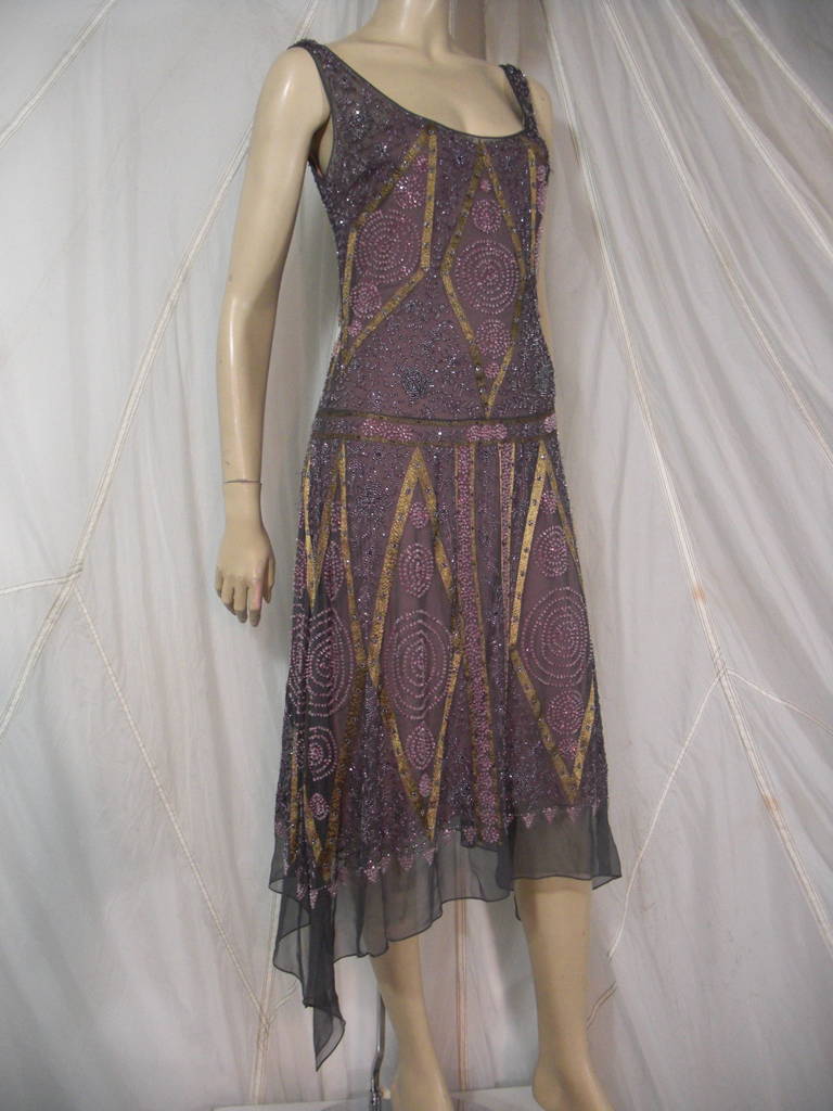Reem Acra 1920s Inspired Plum Bead Incrusted and Embroidered Evening Dress In Excellent Condition In Gresham, OR