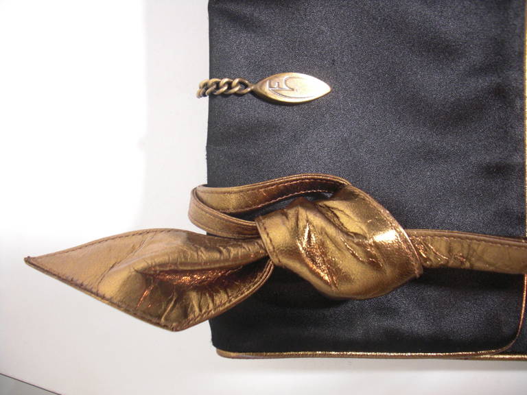 Maud Frizon of Paris Black Satin Evening Bag with Bronze Leather Strap In Excellent Condition In Gresham, OR