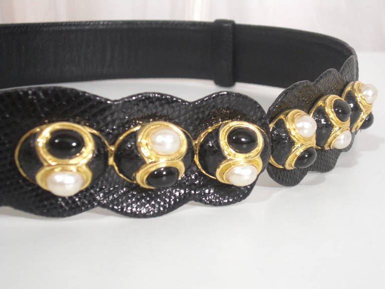 Women's 1980s Judith Leiber Black Leather Belt with Black and White Pearl Accents