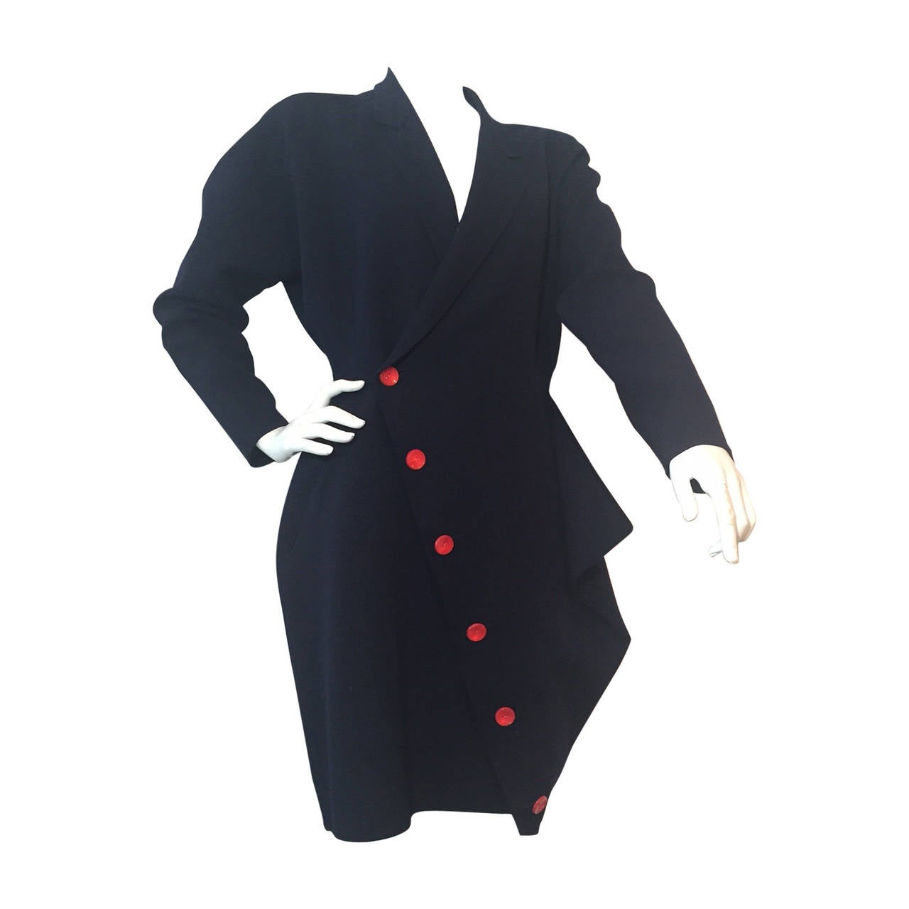 1980s Yohji Yamamoto Navy Stretch Wool Jersey Asymmetrical Coat Dress