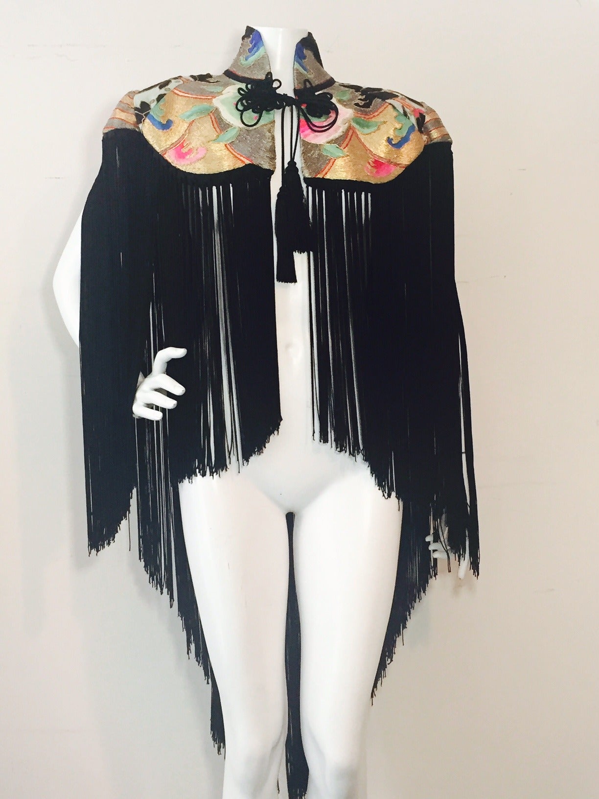 Antique Chinese Embroidered Caplet with Long Rayon Fringe In Excellent Condition In Gresham, OR