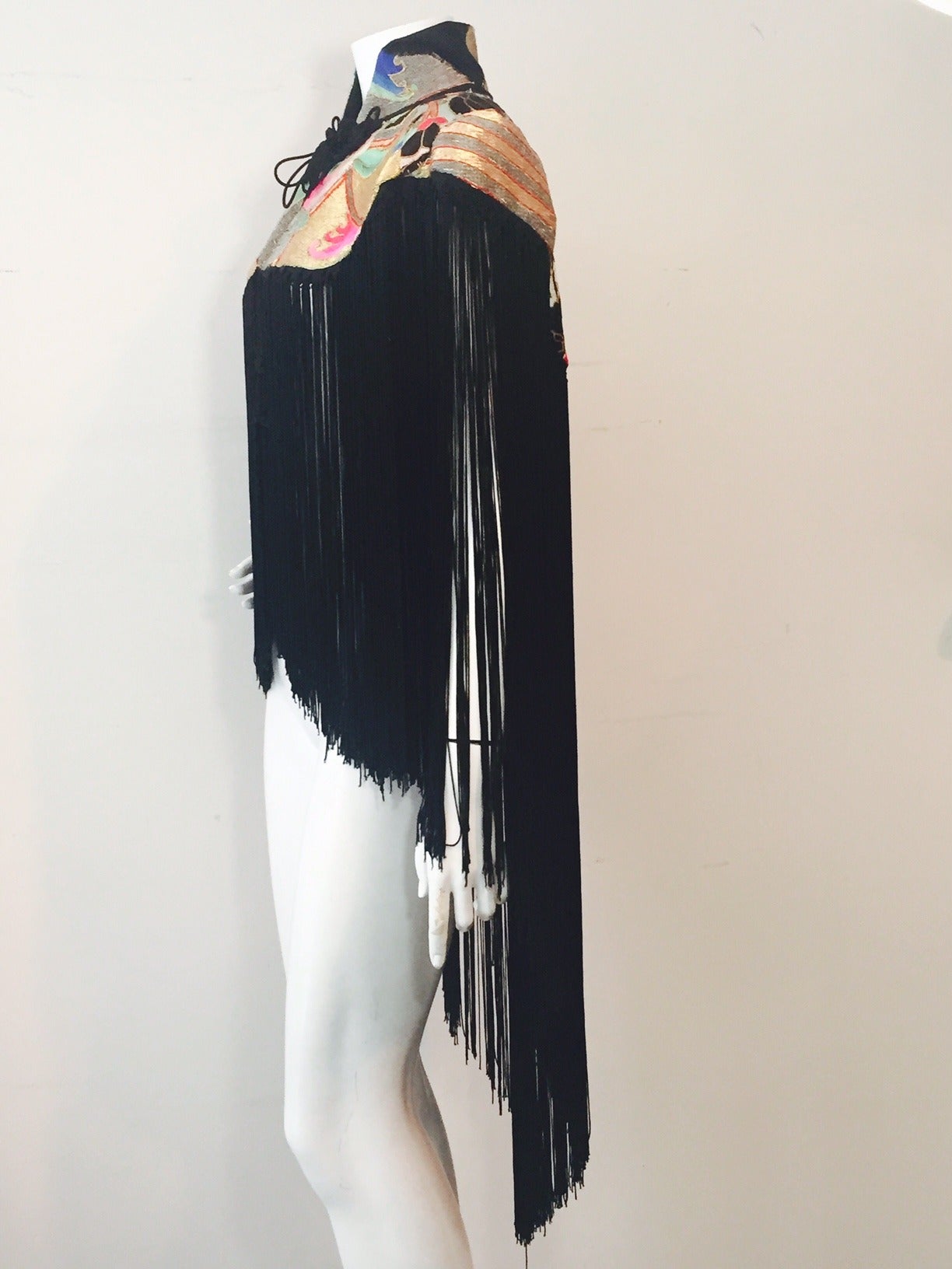 Women's or Men's Antique Chinese Embroidered Caplet with Long Rayon Fringe