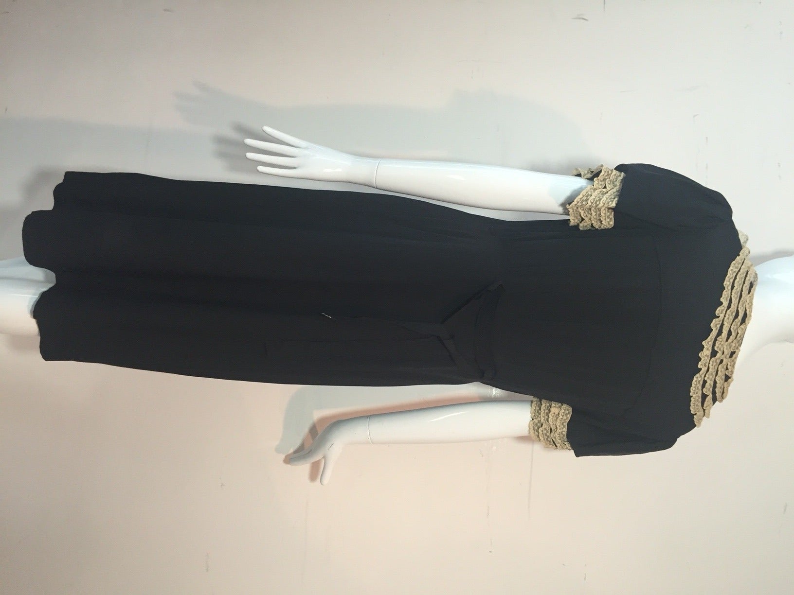 Sweet 1930s Black Silk Day Dress w/ Lace Trim and Amber Glass Flower Buttons 1