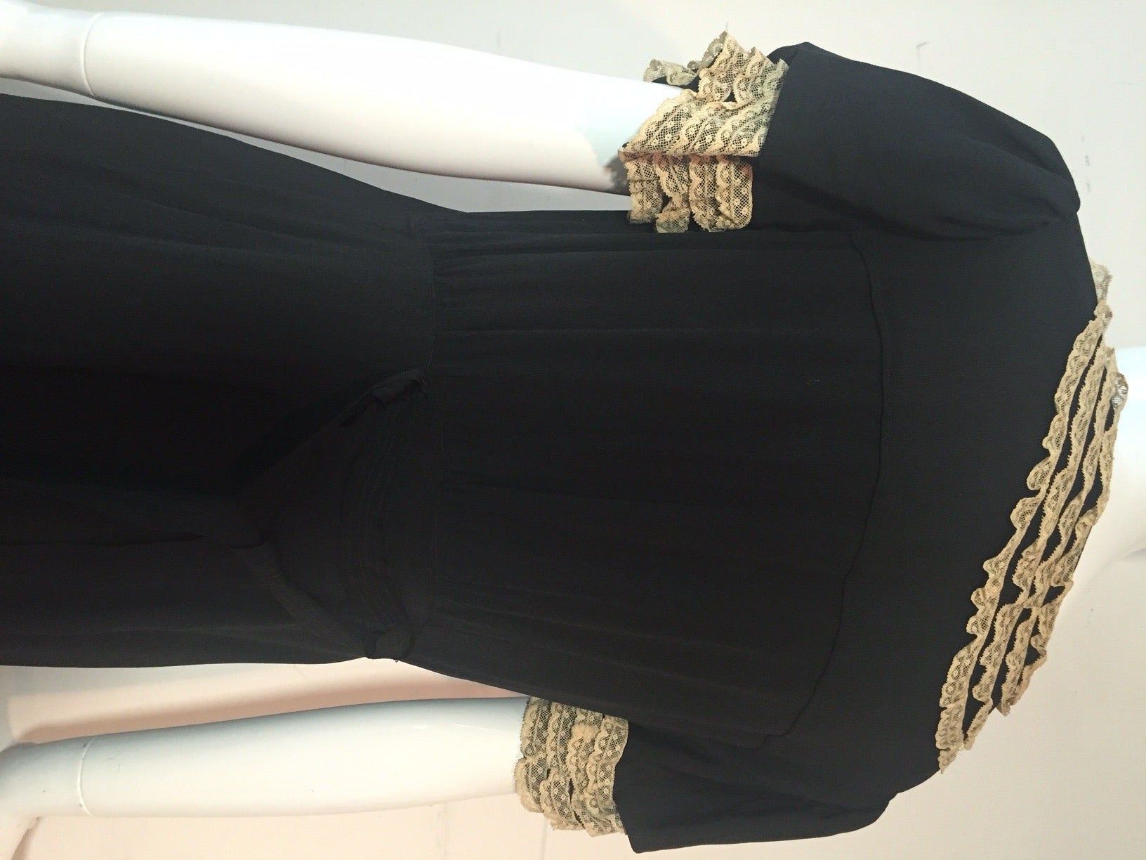 Women's Sweet 1930s Black Silk Day Dress w/ Lace Trim and Amber Glass Flower Buttons
