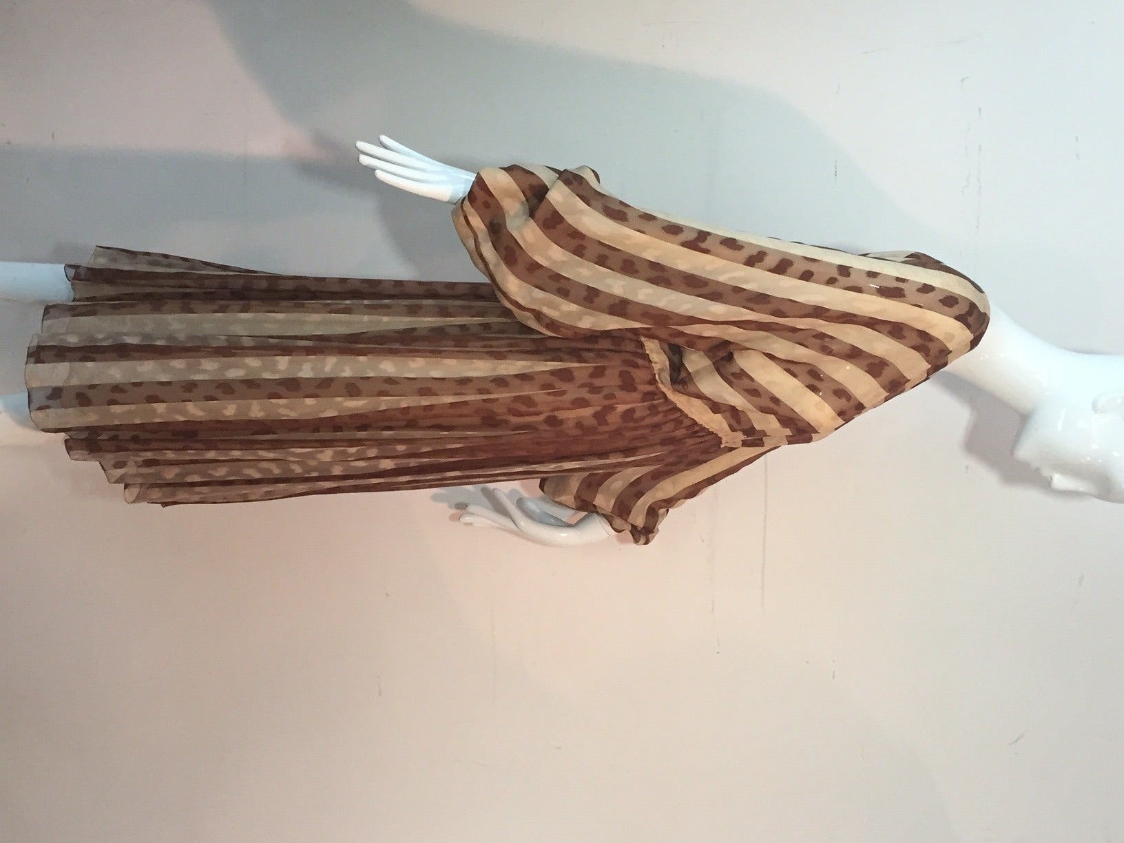 1970s Galanos Leopard Print Striped Silk Chiffon Peasant Dress 1