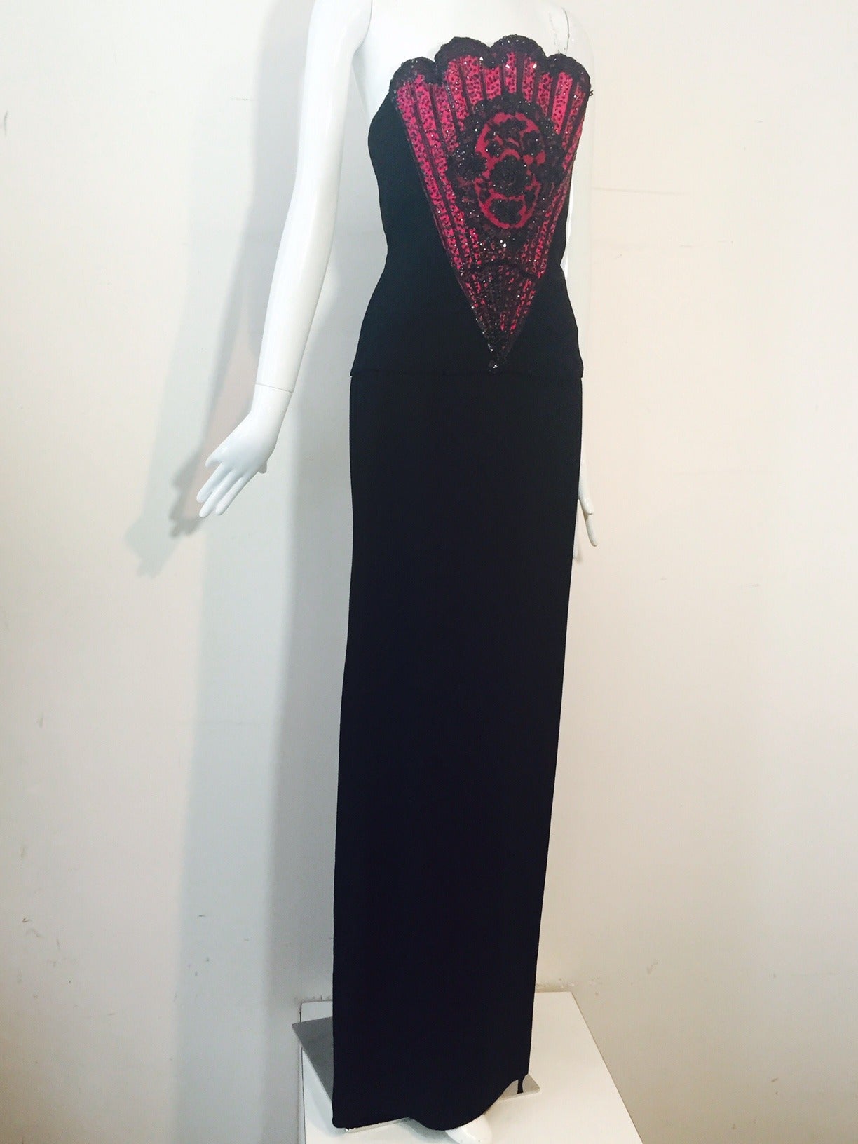 Women's 1960s George Halley Navy Crepe Gown w/ Fan Bodice in Fuchsia Silk