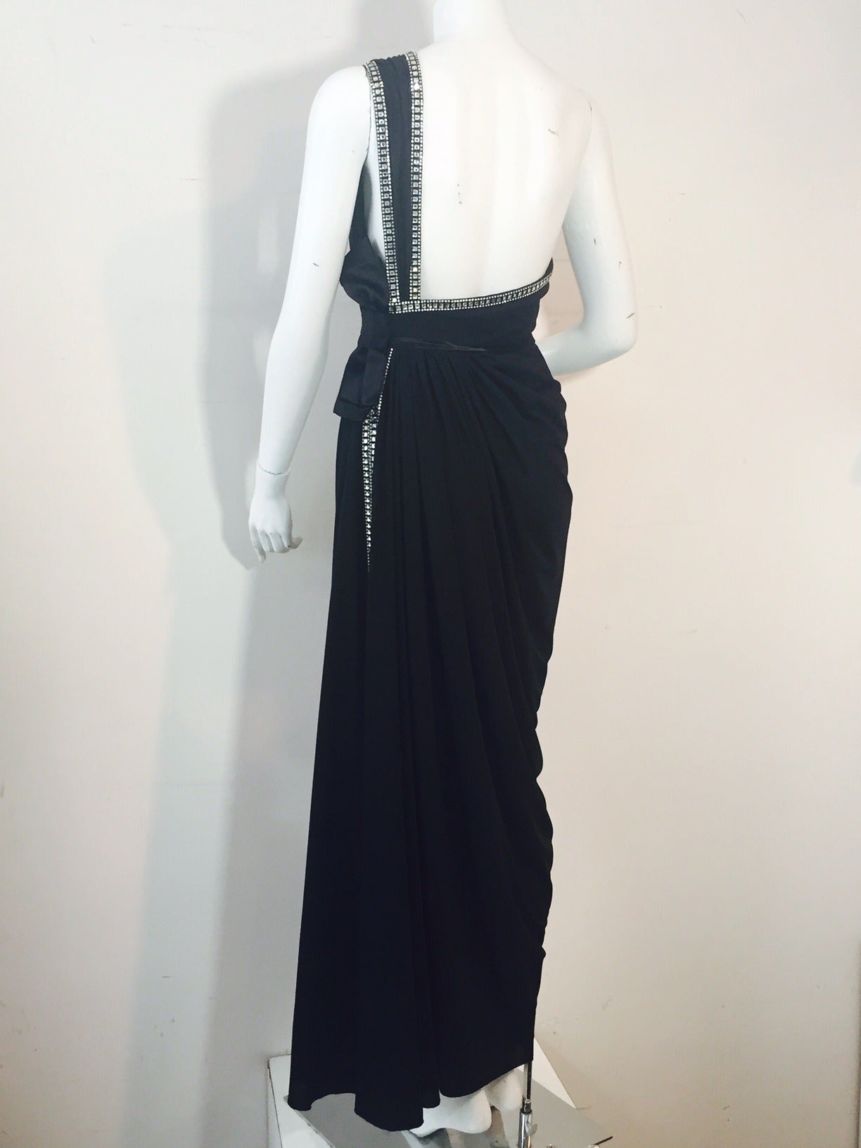 1990s Hall Ludlow One Shoulder Revealing Black and Rhinestone Evening Gown In New Condition In Gresham, OR