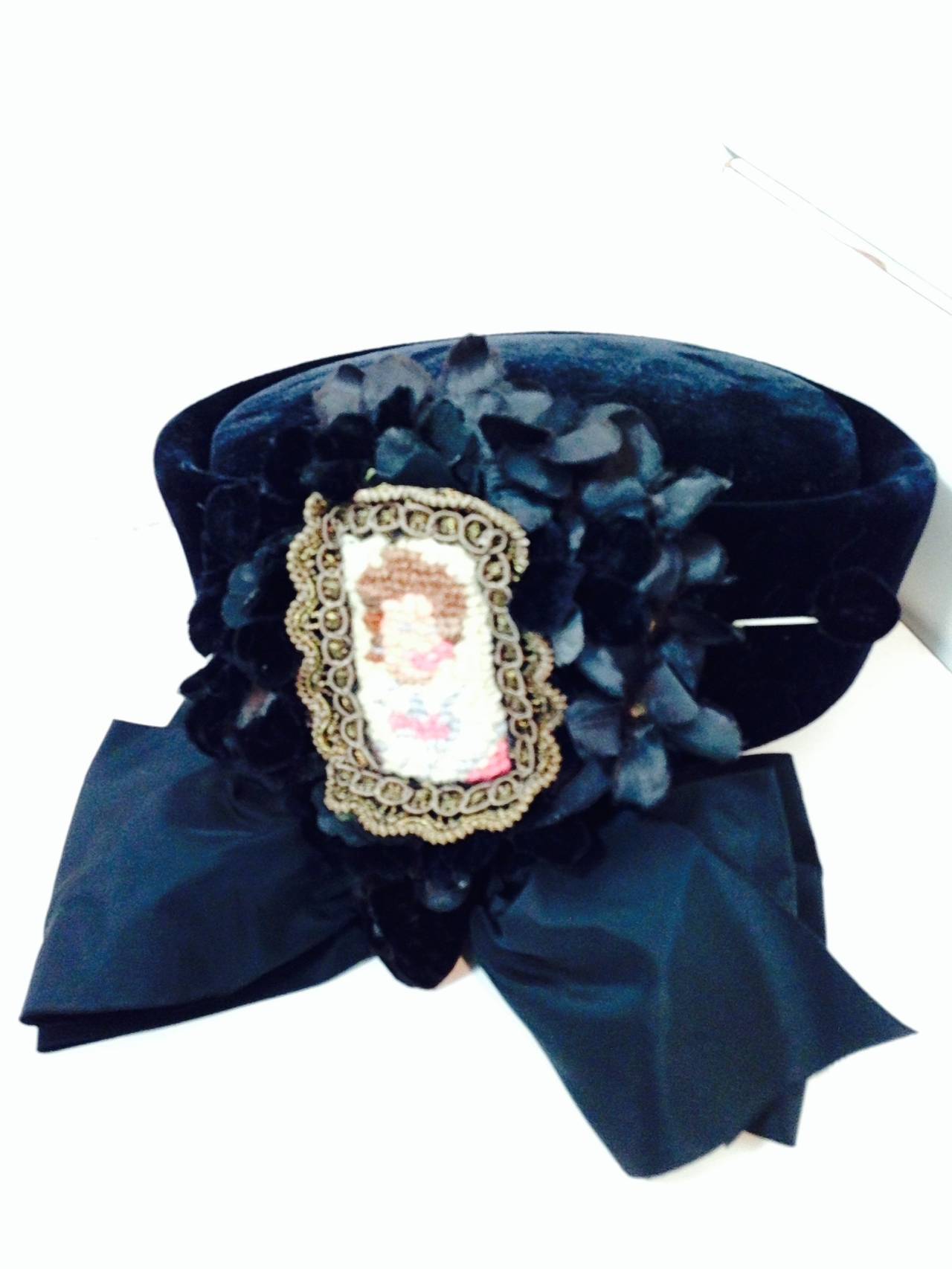 1940s Irina Roublon Black Velvet Hat w/ Face Framing Bow and Needlepoint Cameo 2