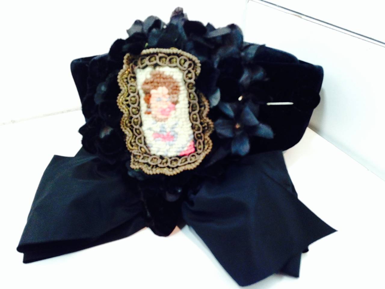 1940s Irina Roublon Black Velvet Hat w/ Face Framing Bow and Needlepoint Cameo 3