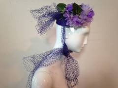 1940s Irina Roublon Silk Violet Hat w/ Extravagant Tulle Bows