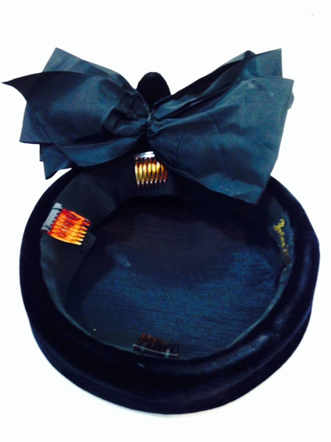 Women's 1940s Irina Roublon Black Velvet Hat w/ Face Framing Bow and Needlepoint Cameo