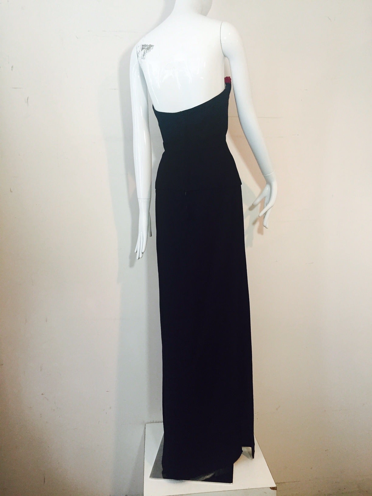 Black 1960s George Halley Navy Crepe Gown w/ Fan Bodice in Fuchsia Silk