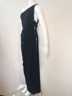 1990s Hall Ludlow One Shoulder Revealing Black and Rhinestone Evening Gown