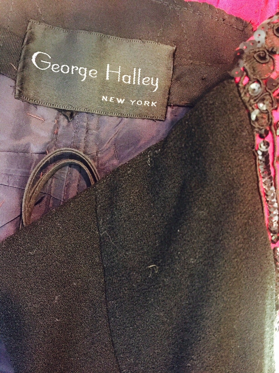 1960s George Halley Navy Crepe Gown w/ Fan Bodice in Fuchsia Silk 1