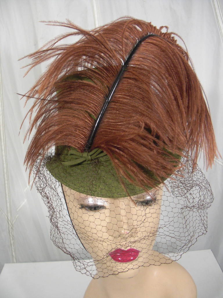 1940s Sage Green Felt Hat with Brown Feather Quill